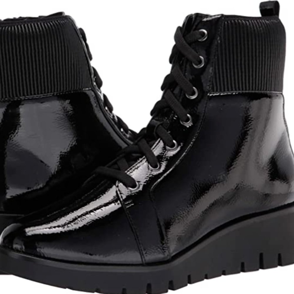 ANNE KLEIN DERRY PATENT COMBAT BOOTS - BLACK